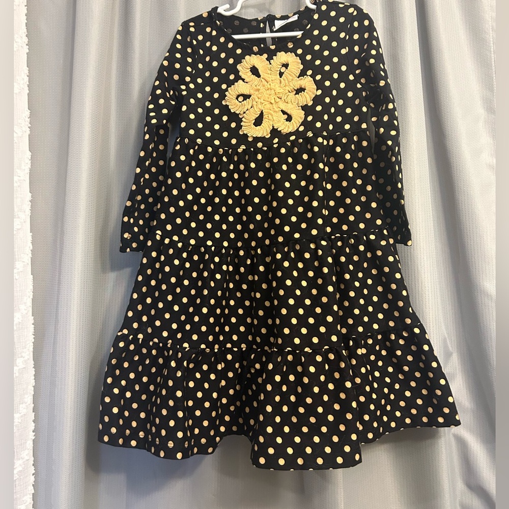 Hanna Andersson Dress Black Tan Polka Dot Tiered 5-6. BB2